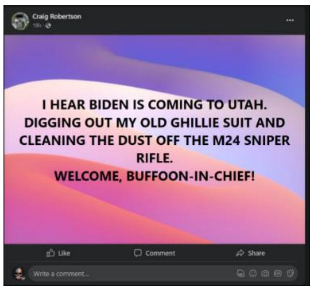 Federal prosecutors said this Facebook post, published Monday, was made by Craig Robertson, a Utah man shot and killed by the FBI on Wednesday. (Photo courtesy of the U.S. Department of Justice)